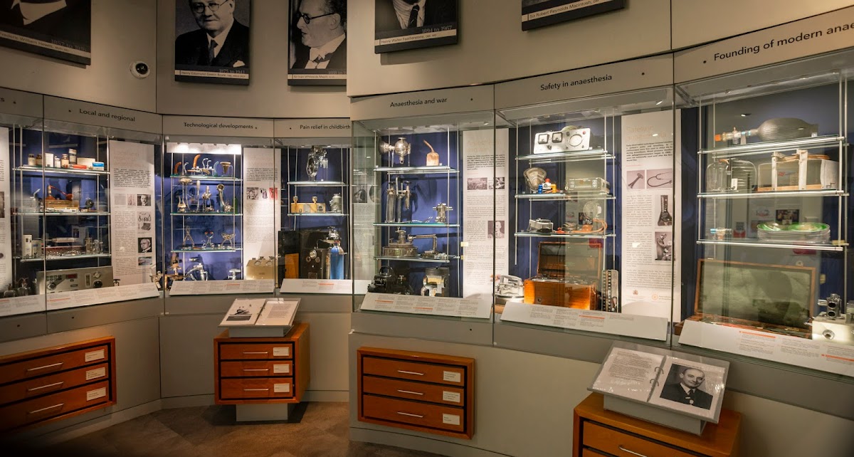 Interior of a museum exhibit on anesthesia history with displays of medical equipment. | Anaesthesia Heritage Centre