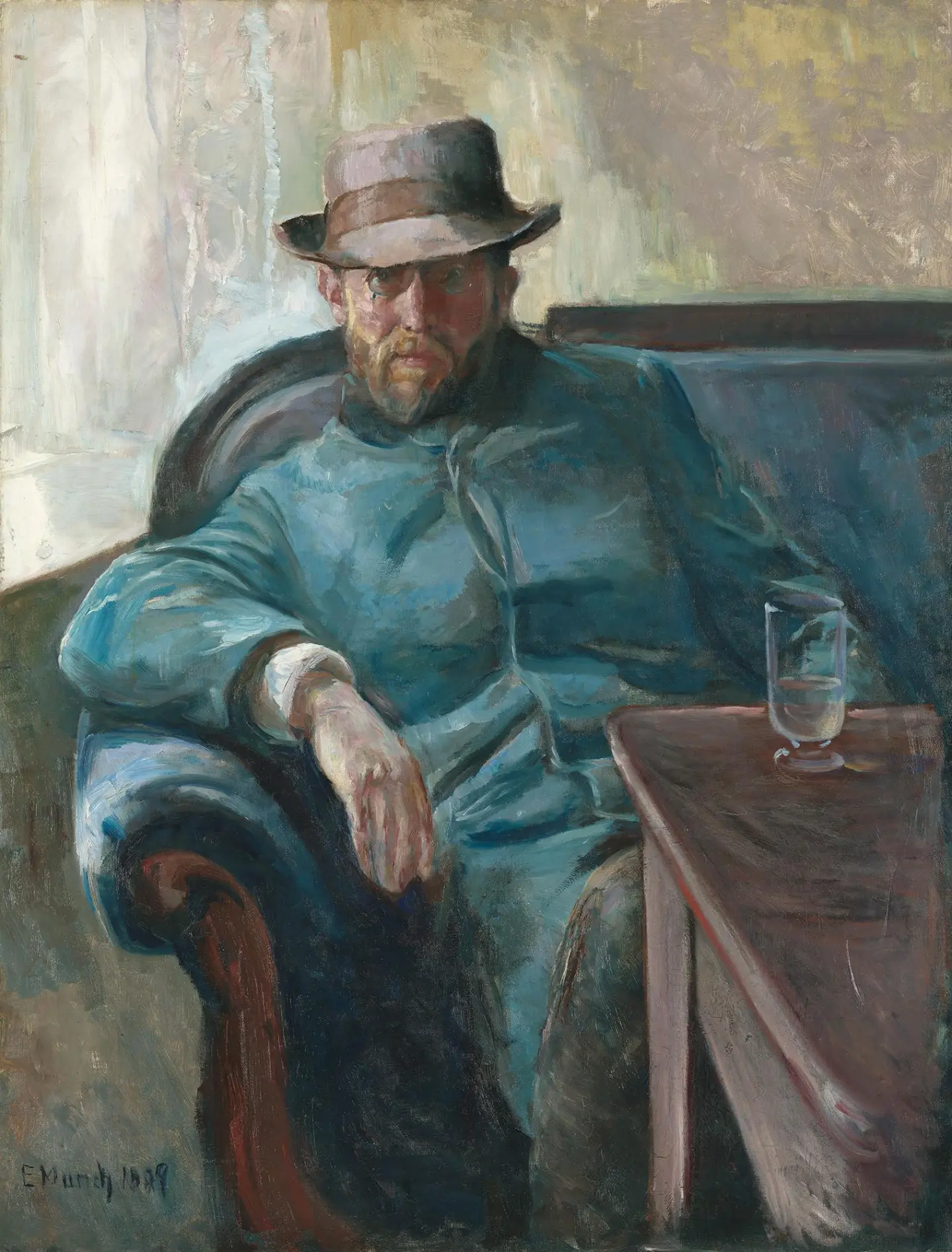 Oil painting of a seated person in a blue shirt with a hat, next to a table with a glass.