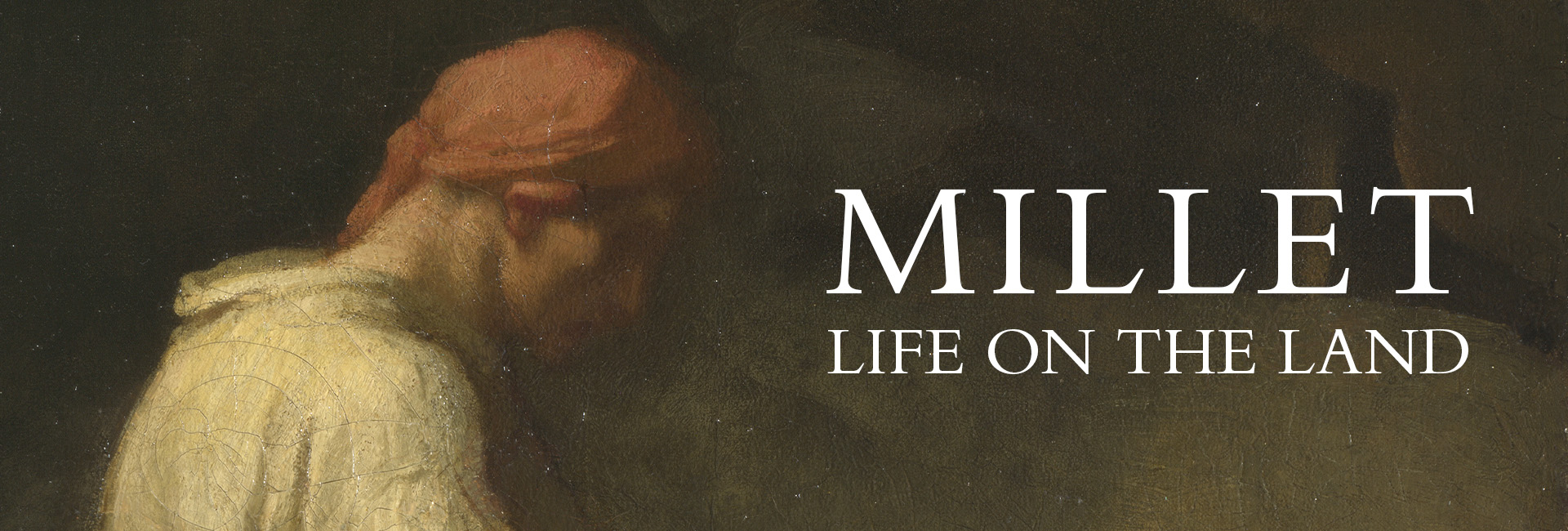 A painting detail featuring a peasant with a beard and a red cap, next to text "MILLET LIFE ON THE LAND".