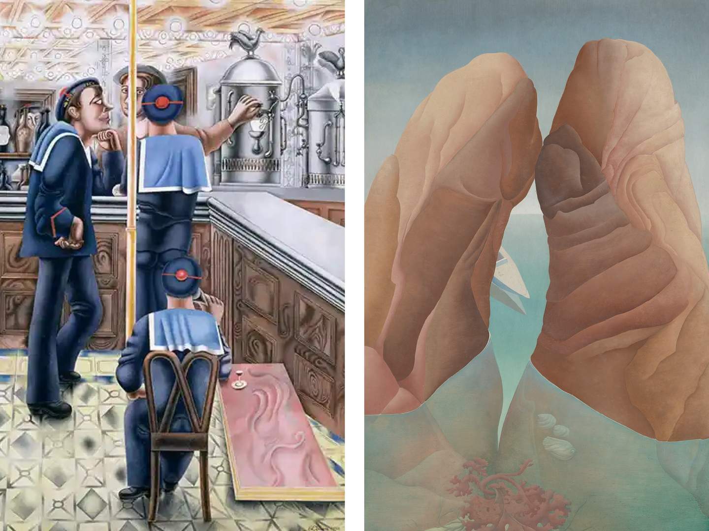 Two surreal artworks, one depicting figures in a vintage bar, the other showing landscapes forming faces.