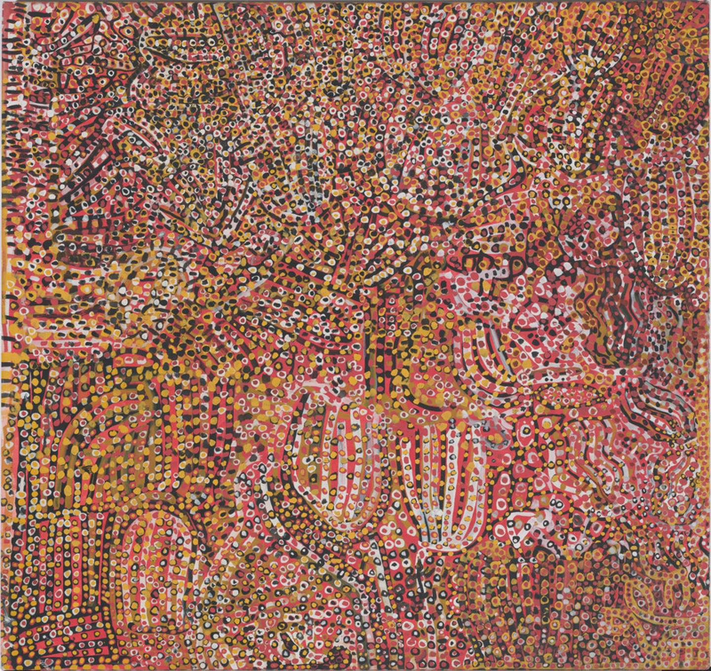 Abstract, vibrant dot painting in warm tones, reminiscent of indigenous Australian art.