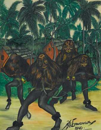 Artwork showing four humanoid figures with monkey faces in a jungle setting, dated 1960. | The Ben Enwonwu Foundation