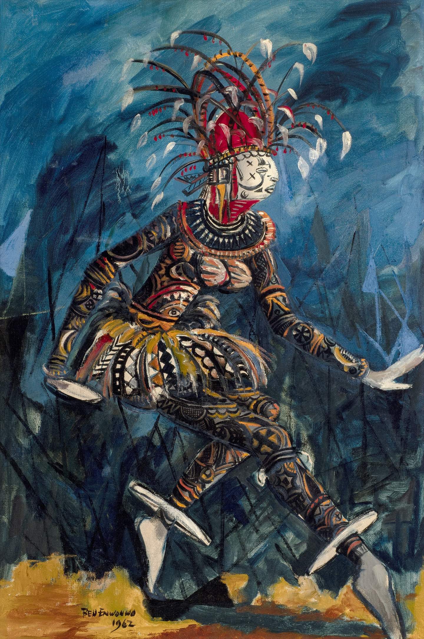 Painting of a tribal dancer in a vibrant costume with feathers against a blue background, dated 1962.