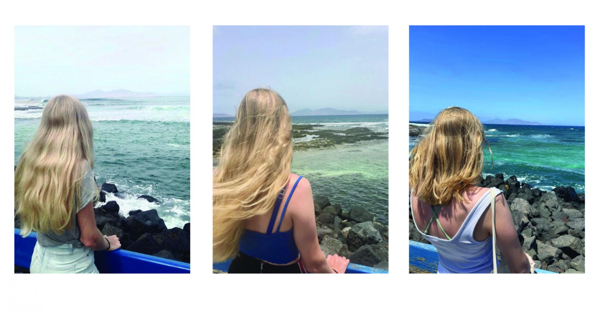 A woman gazing at the sea across three images, each showcasing different attire and lighting.