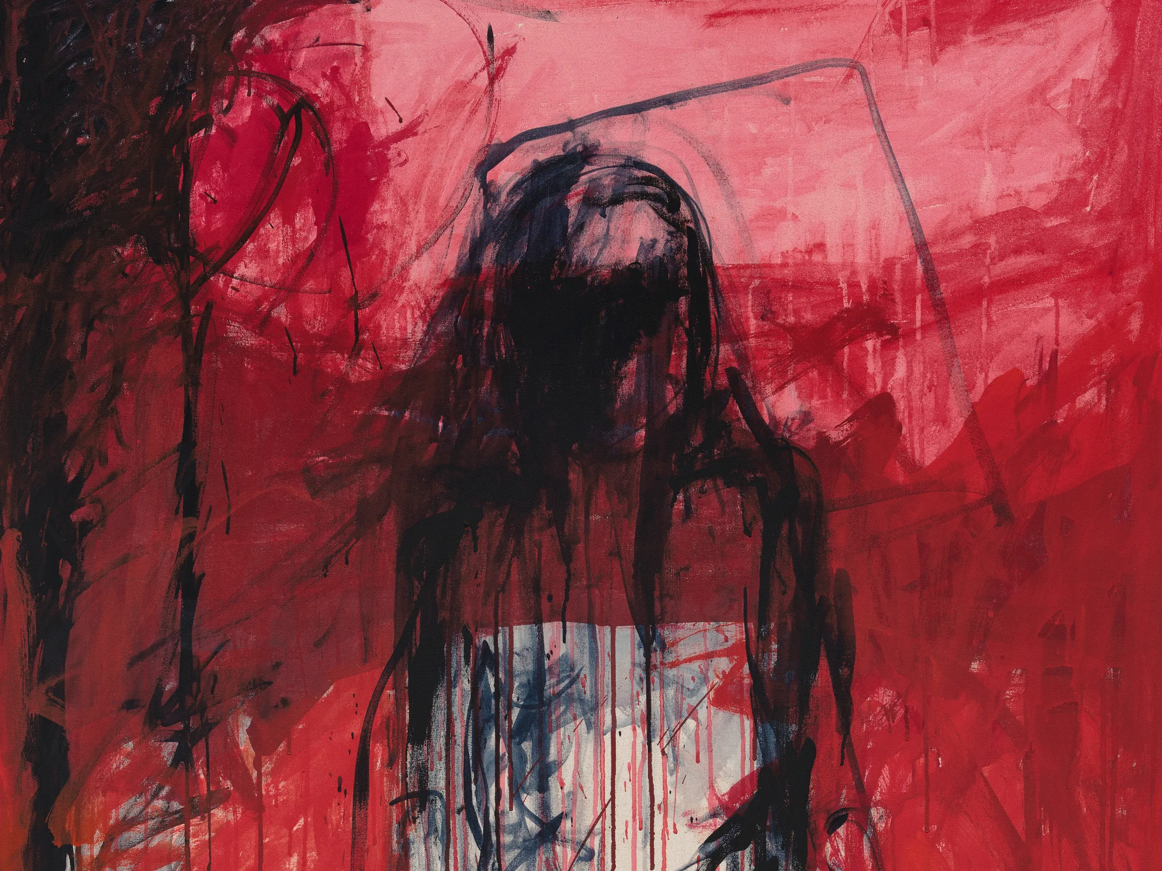 Abstract red and black painting with dynamic brush strokes and indistinct shapes.