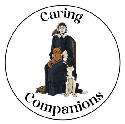 A logo with the text "Caring Companions" featuring a person sitting with a cat on the shoulder and a dog by their side.