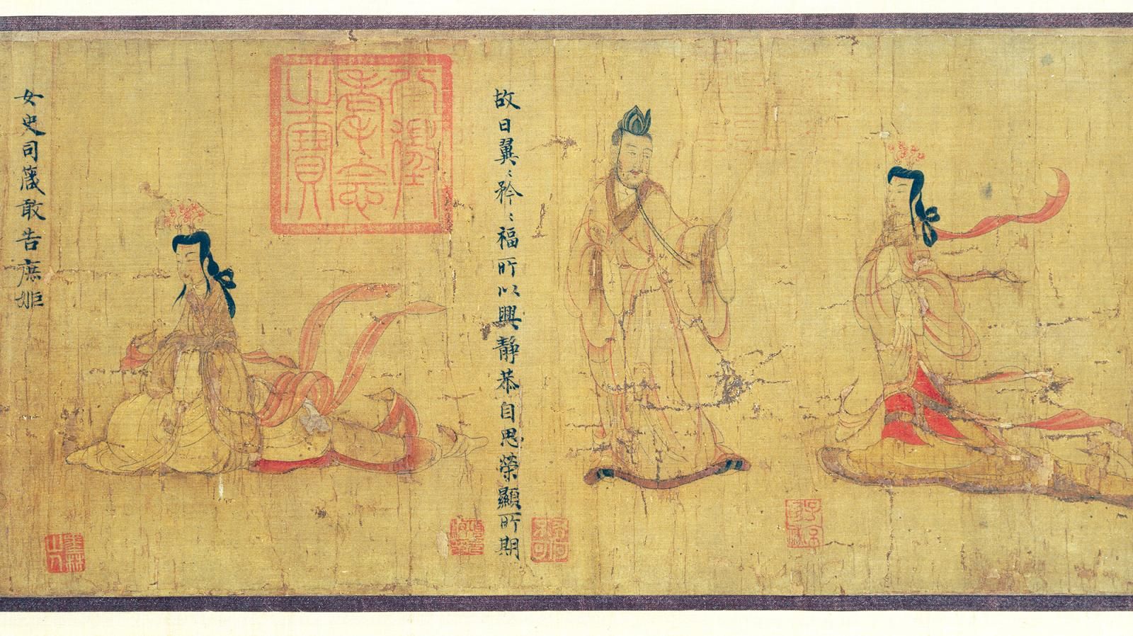 Three elegant figures in traditional attire, depicted in soft colors, with delicate details on a textured background.