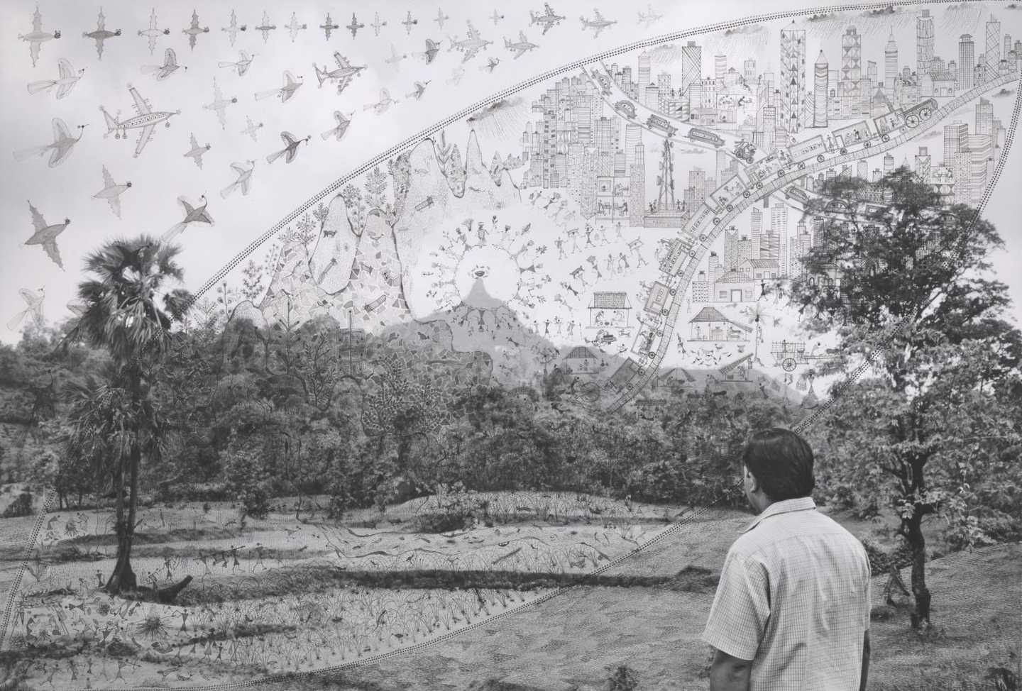 A man gazes at a surreal landscape blending nature with intricate cityscapes and flying aircraft, symbolizing growth and change.