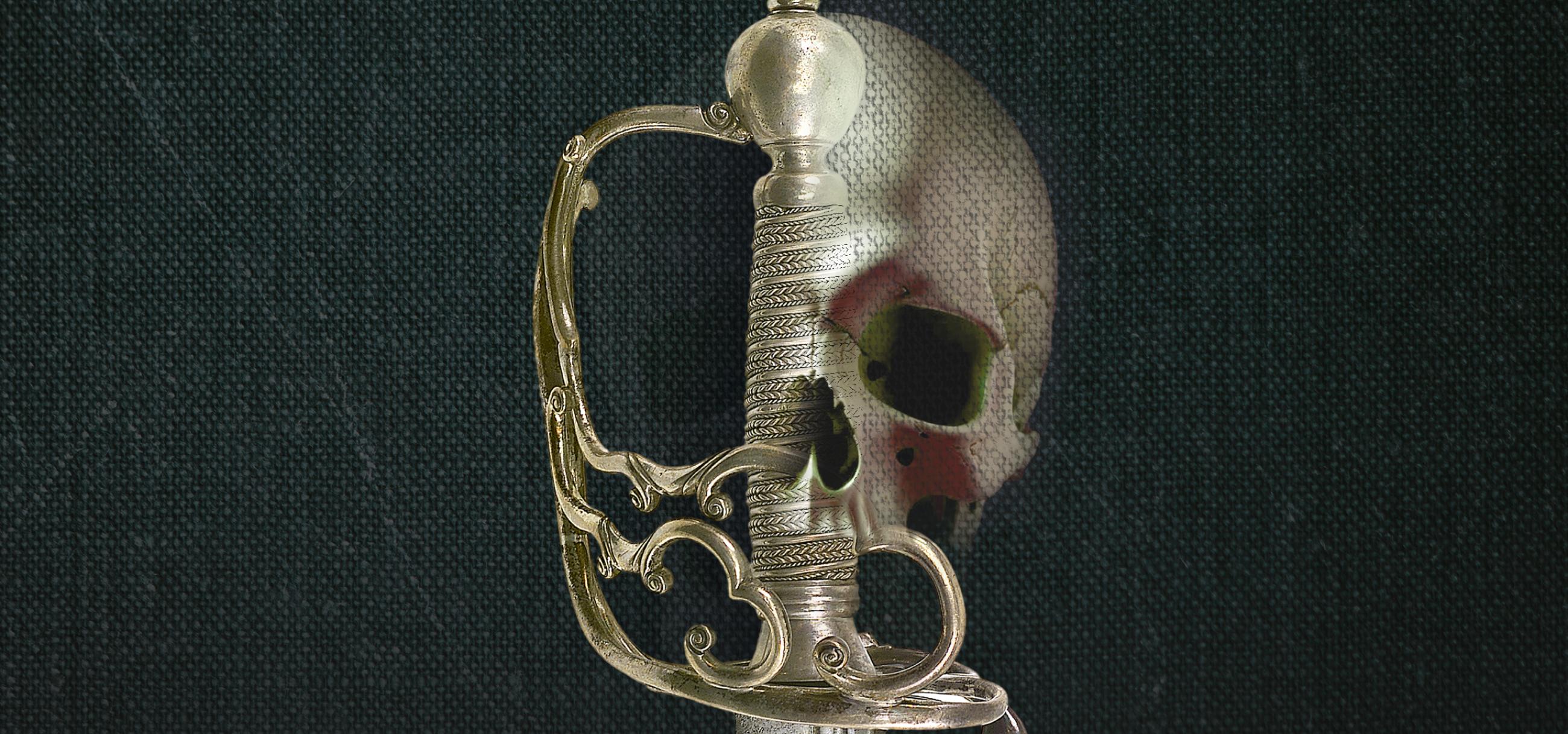 A detailed silver sword hilt with intricate designs, overlaid with a faint skull image, set against a dark textured background.