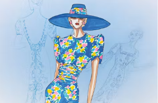 A fashion illustration of a model wearing a vibrant floral dress and a wide-brimmed hat, with sketch outlines of other designs in the background.