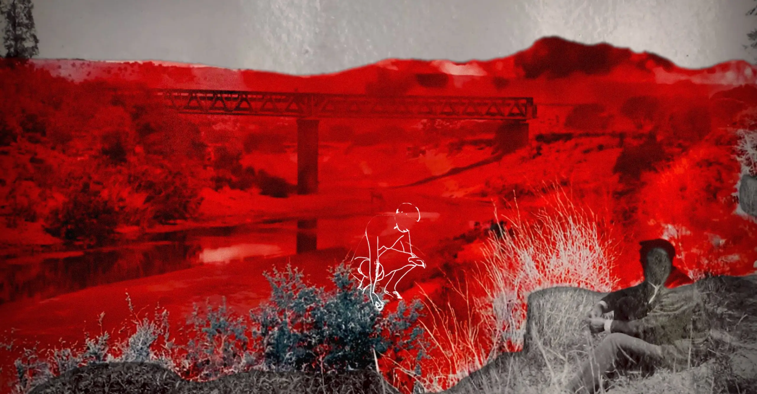 A surreal landscape featuring a red-tinged river with a bridge, an abstract figure squatting, and a shadowy figure sitting nearby.