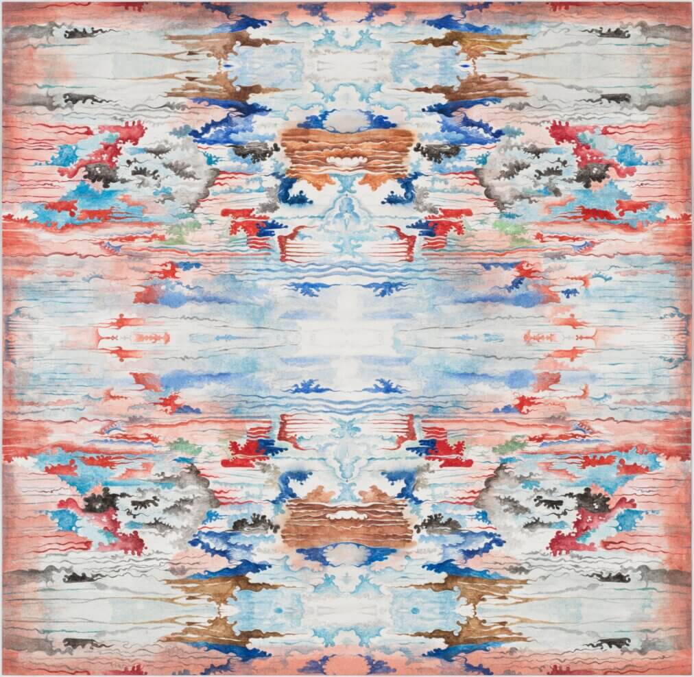 Abstract watercolor artwork featuring vibrant red, blue, and earthy tones in a symmetrical, cloud-like pattern.