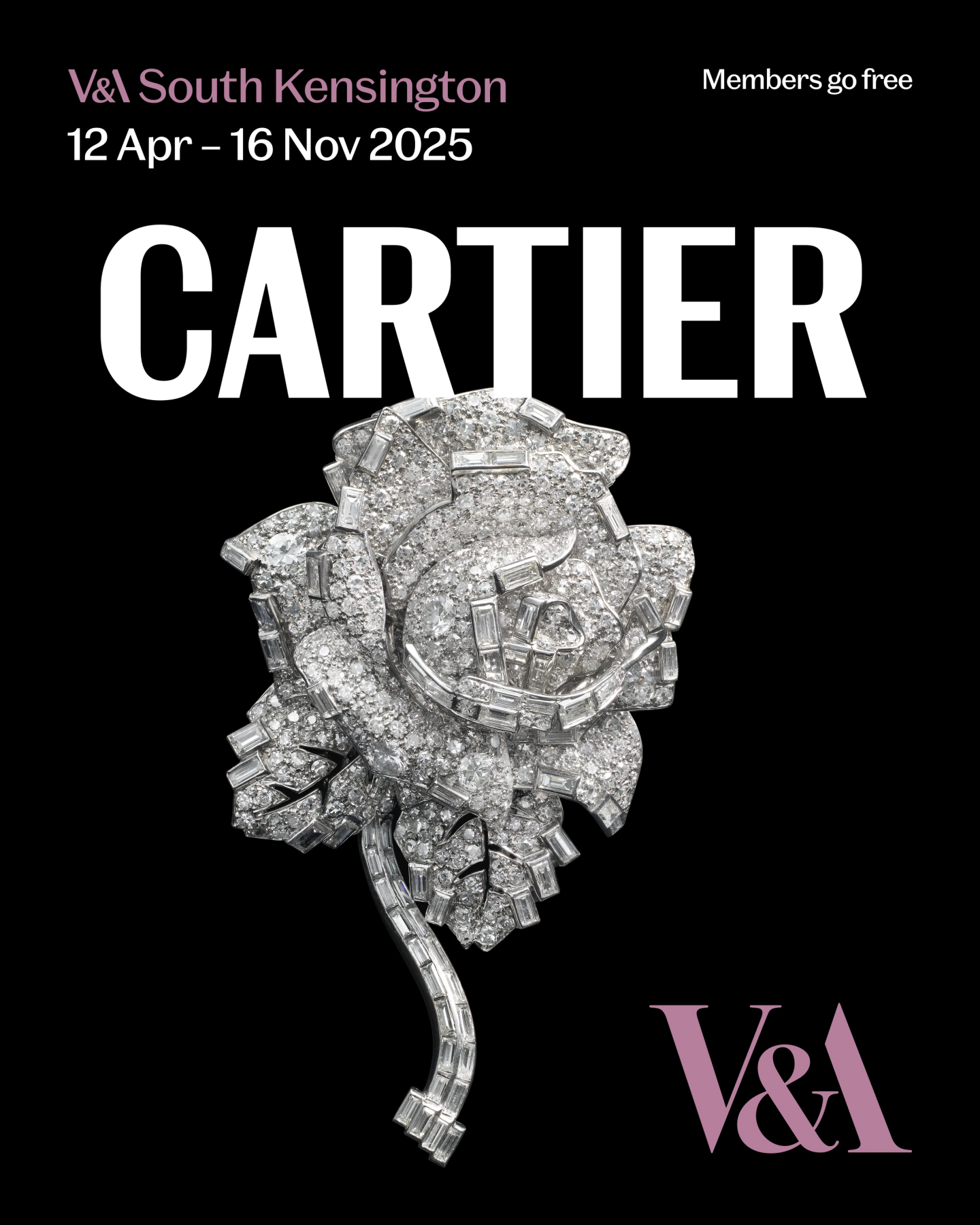 A glittering diamond brooch in the shape of a rose, with a sleek design, against a black background, promoting the Cartier exhibition.