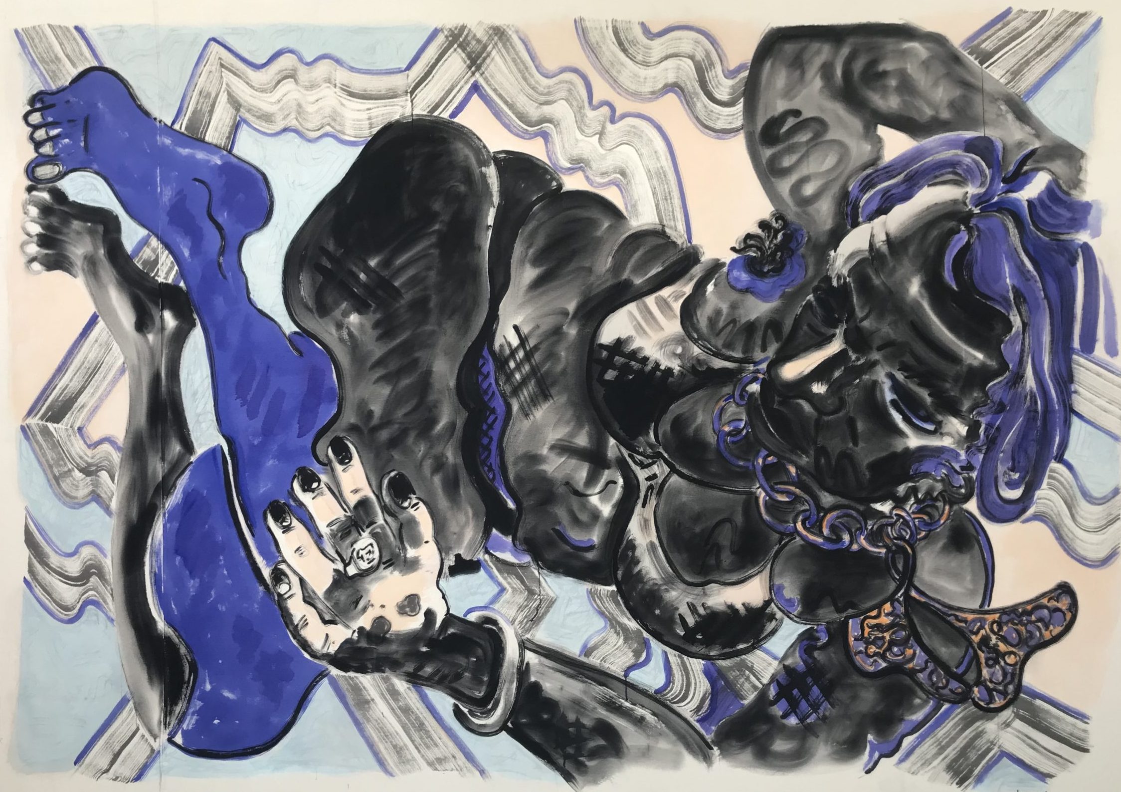 A striking abstract artwork featuring intertwining limbs in bold black and blue hues, with intricate patterns and textures throughout.