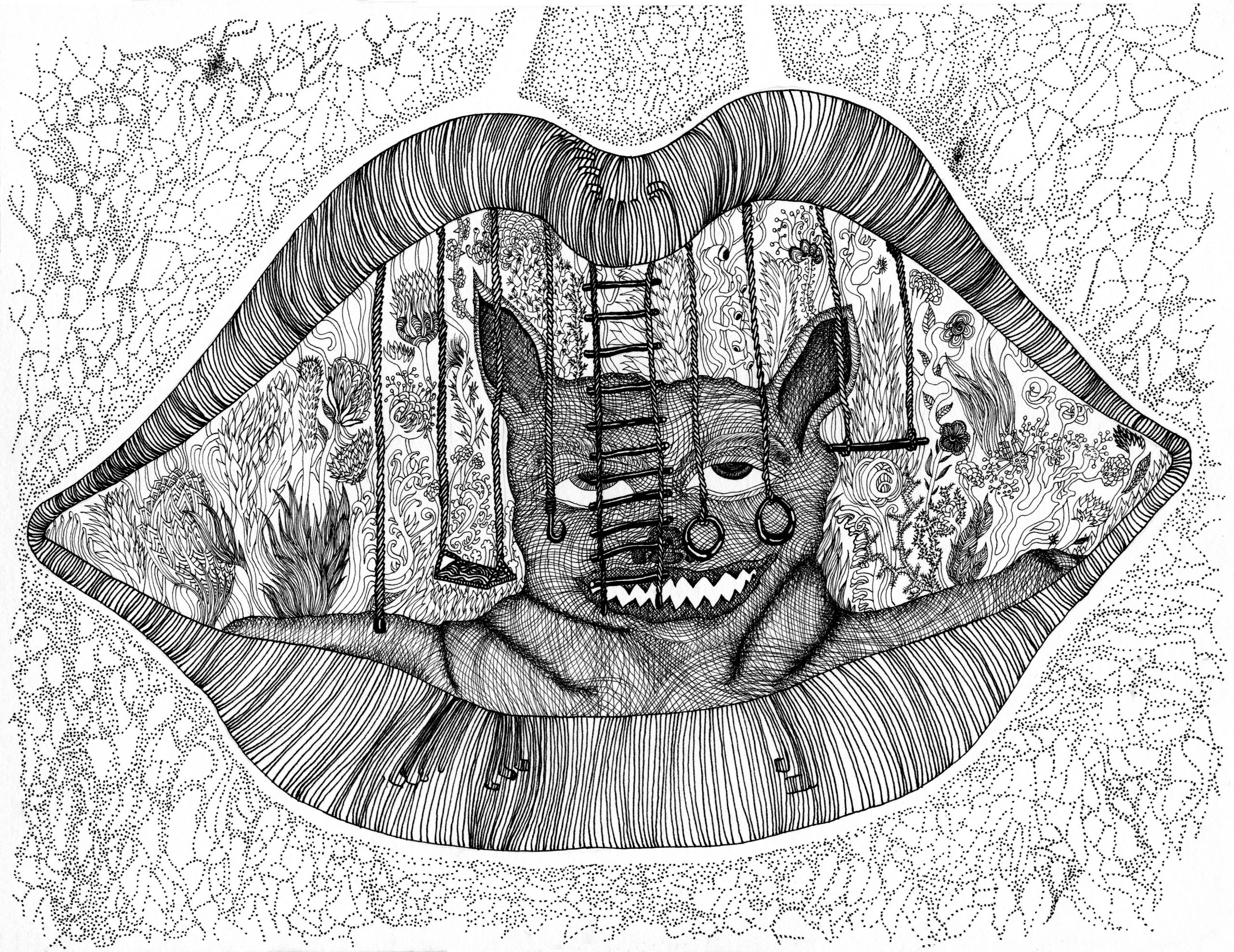 A surreal illustration of large lips revealing a whimsical scene with a creature, a ladder, and intricate nature patterns inside.