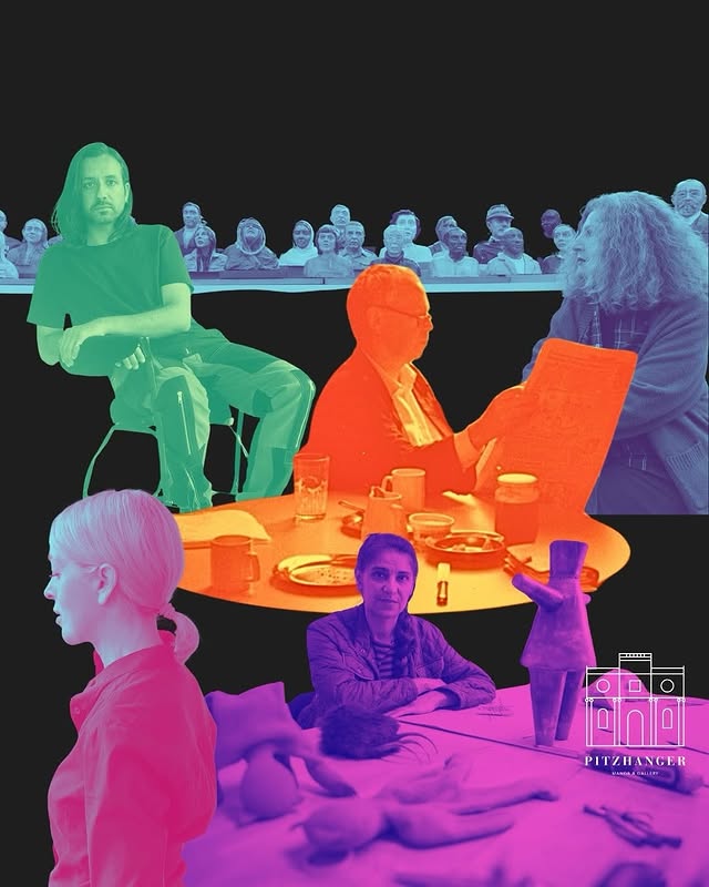 A vibrant collage of figures in diverse colors, depicting conversations and interactions around a table and an audience in the background.