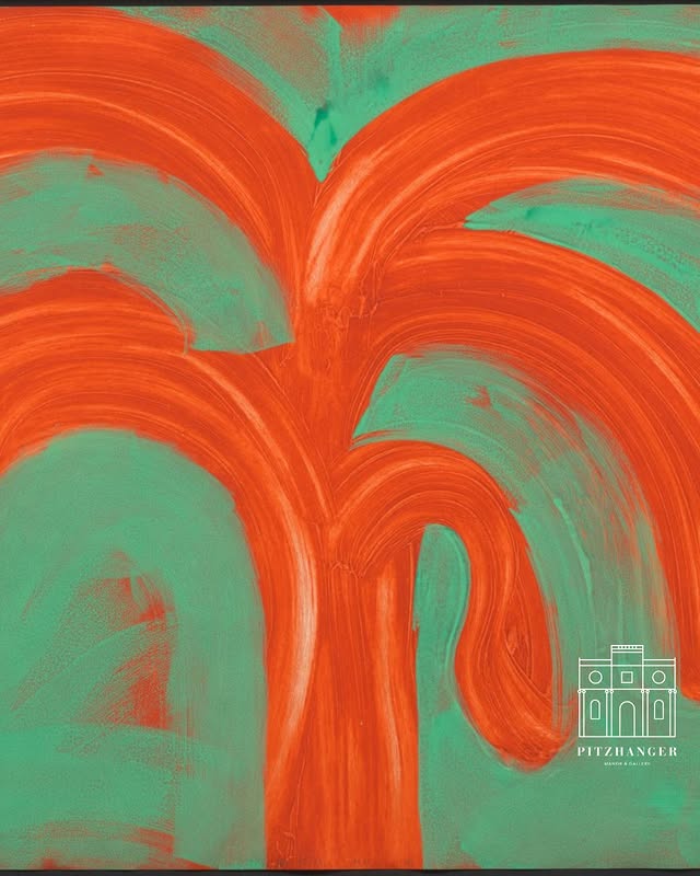 An abstract painting featuring bold orange swirls against a turquoise background, resembling a stylized tree or plant.