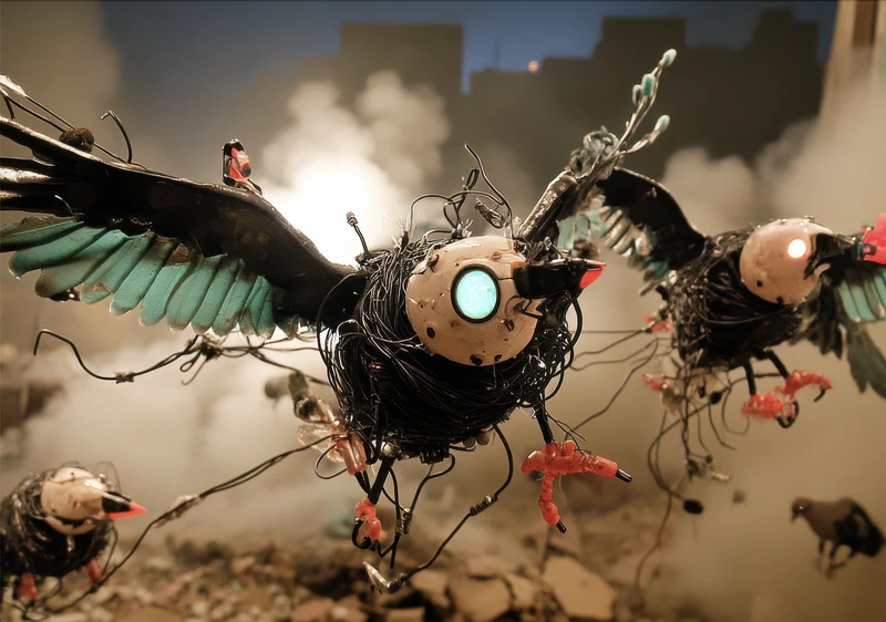 A group of robotic birds with mechanical wings and glowing eyes flying through a smoky, urban landscape.