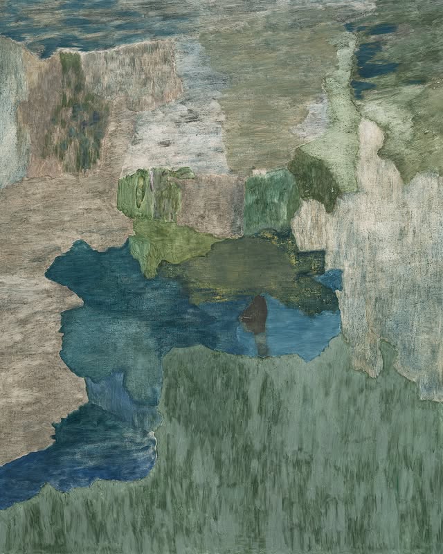 A textured abstract painting featuring muted greens, blues, and earth tones, evoking a tranquil landscape or water reflection.