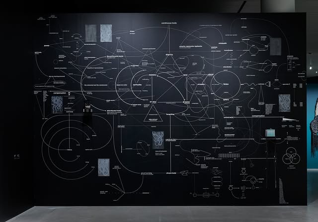A large black wall displays a complex diagram with interconnected shapes, lines, and annotations, exploring abstract concepts and relationships.