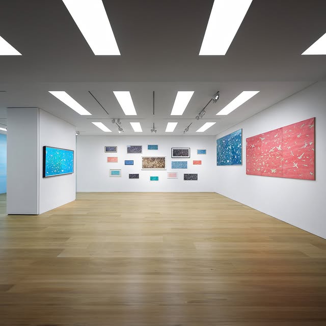 Modern art gallery featuring colorful abstract paintings on white walls, illuminated by bright ceiling lights, with a wooden floor.