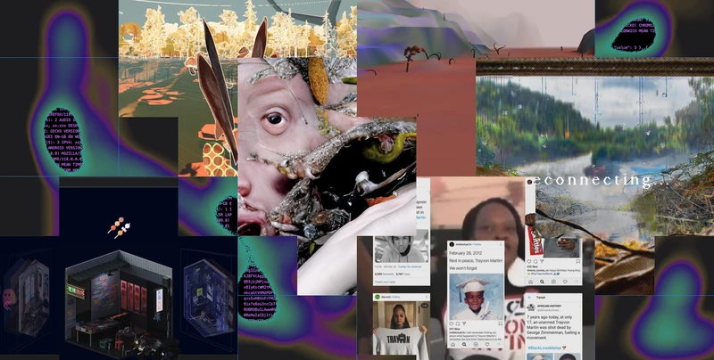A vibrant collage featuring digital landscapes, social media snippets, and abstract designs reflecting themes of connection and identity.