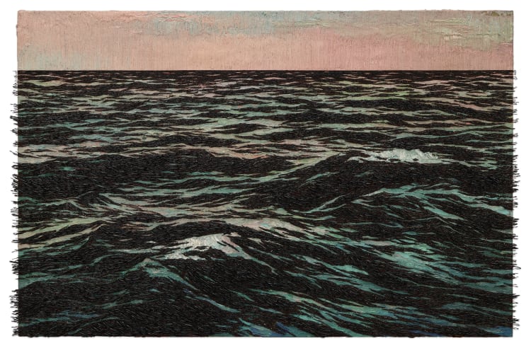 A textured painting of dark, undulating ocean waves beneath a soft, pastel sky, evoking a serene and dramatic seascape.