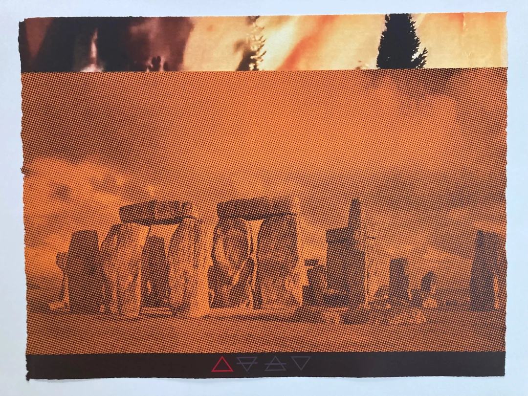 Illustration of Stonehenge in an orange and black halftone style, with abstract triangular symbols at the bottom.