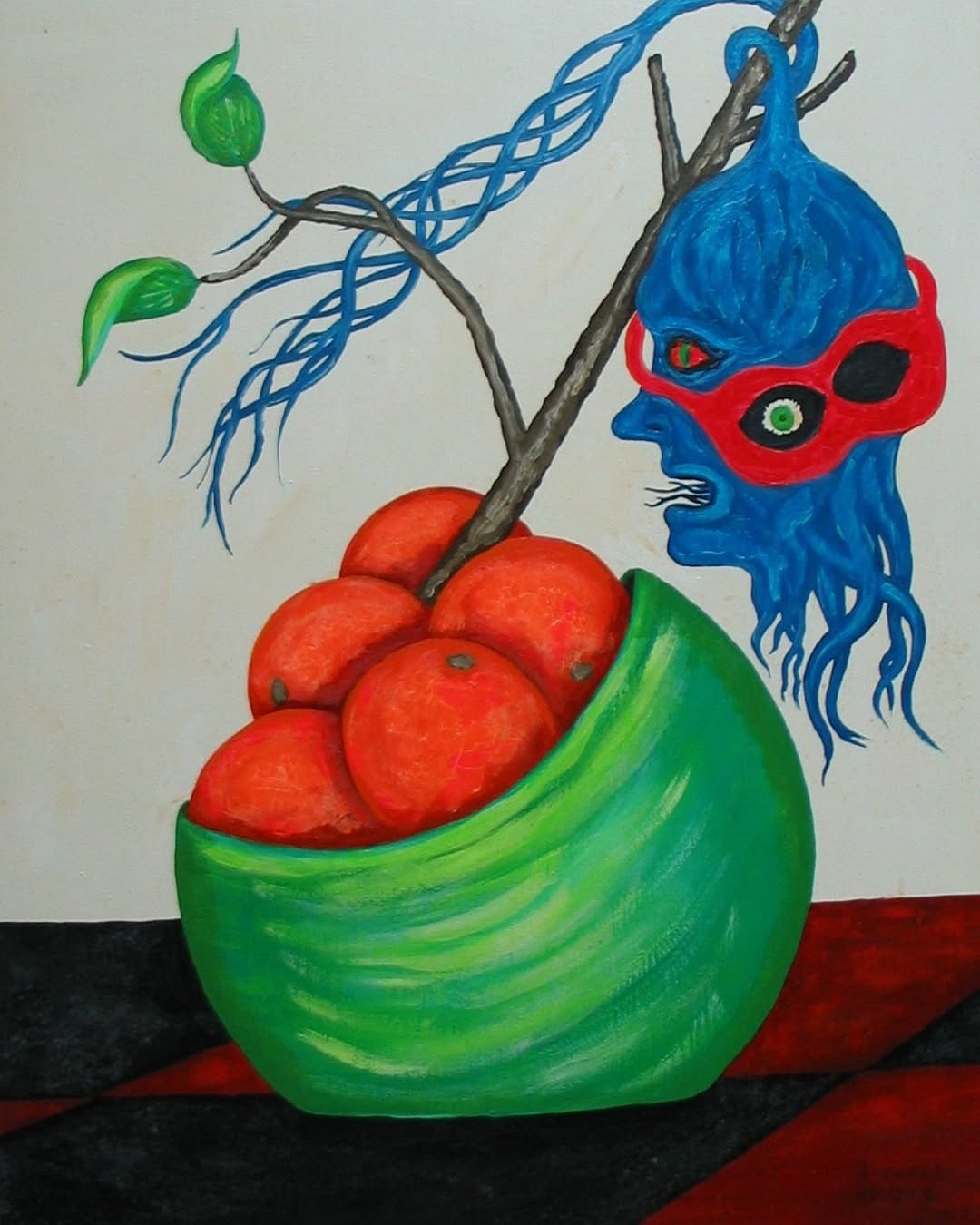 A surreal still life featuring oranges in a green bowl, intertwined with a blue face and vivid branches, creating a striking contrast.