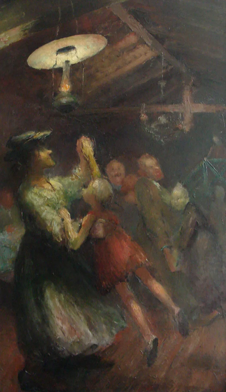 A lively scene of dancing figures in a dimly lit room, illuminated by an oil lamp and surrounded by vintage decor.