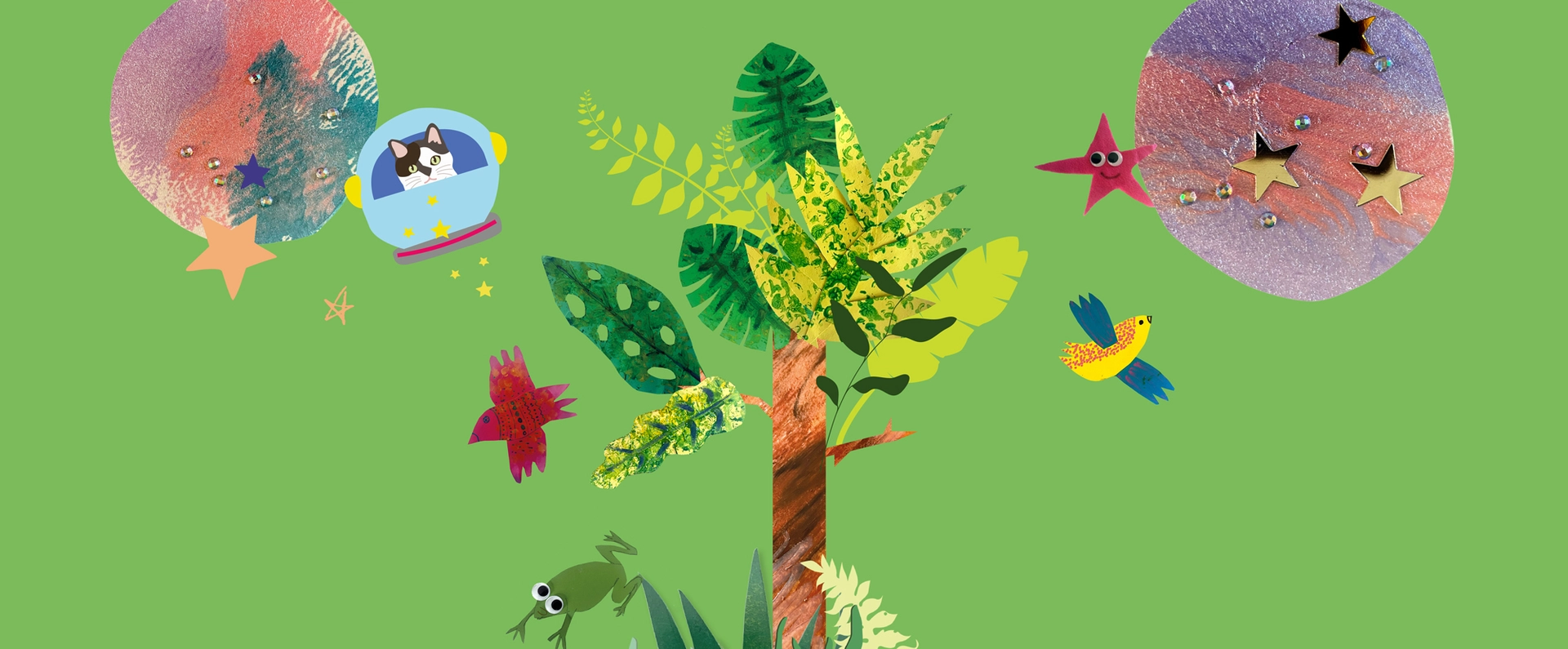 A vibrant illustration of a tree surrounded by playful animals, planets, stars, and colorful foliage on a green background.