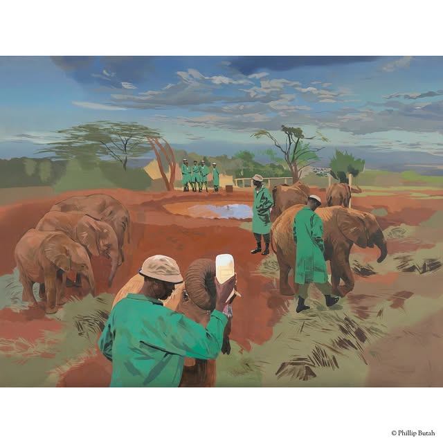 A painterly scene depicting caretakers in green coats tending to elephants by a watering hole, under a vibrant sky in the savanna.
