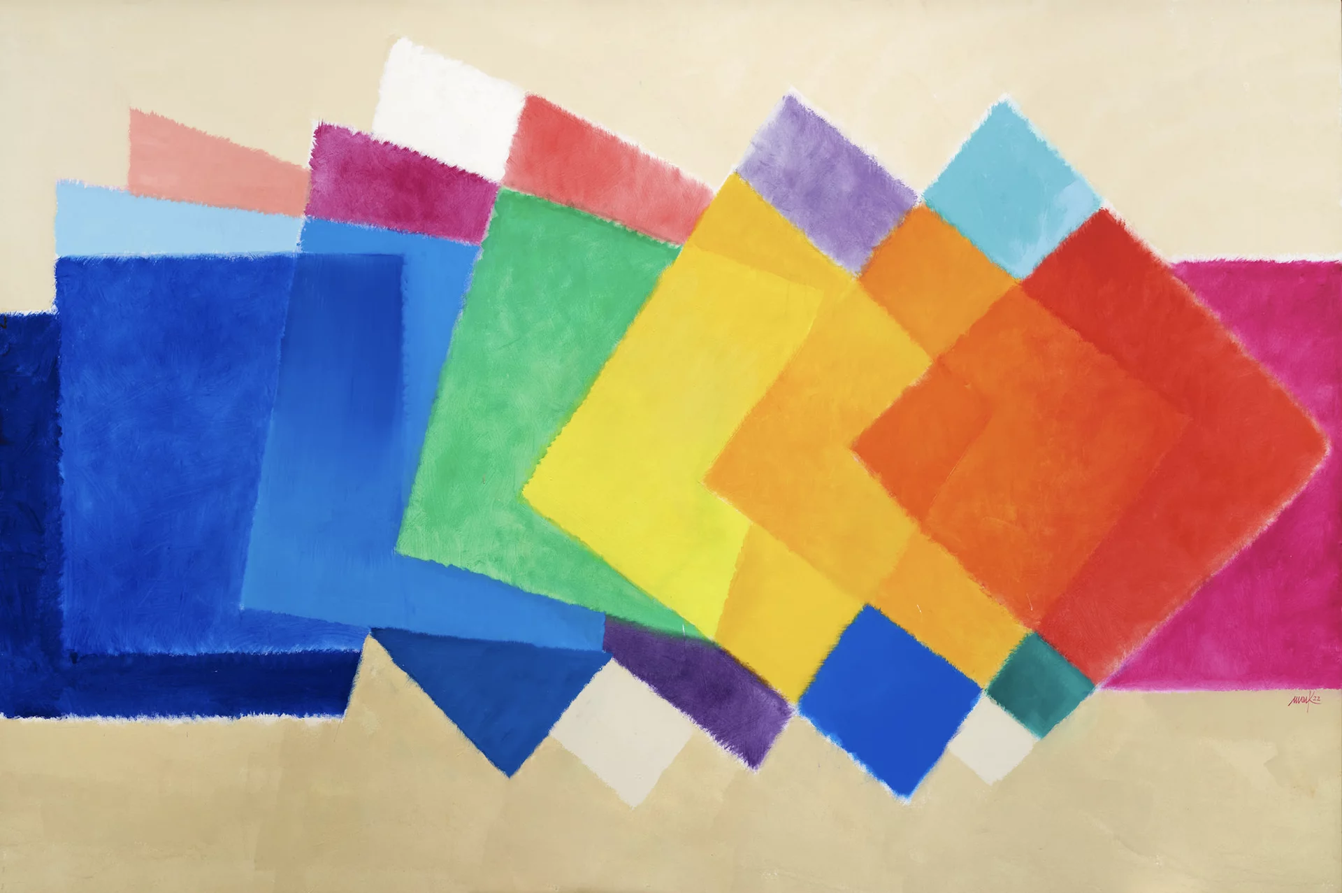An abstract composition of overlapping colorful shapes in blue, green, yellow, orange, and pink against a neutral background.