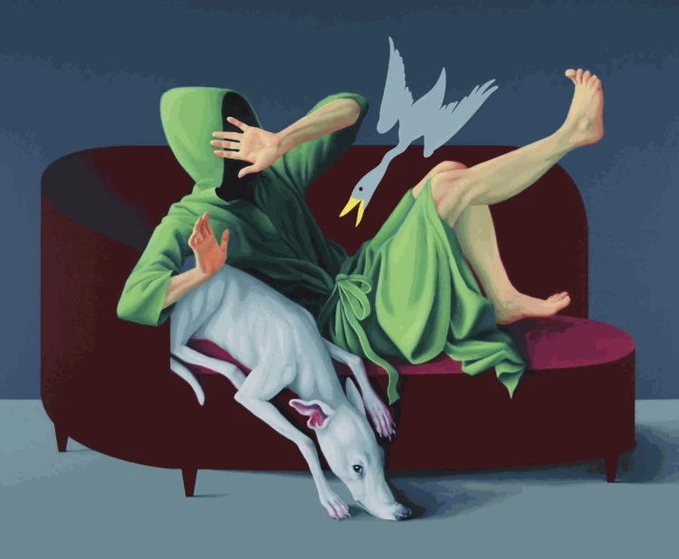 A hooded figure sits on a couch, startled, as a dog leans off the edge, while a whimsical bird emerges from behind the figure.