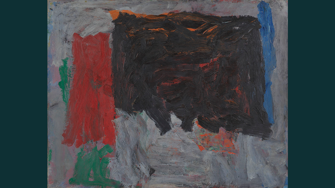 Abstract painting featuring bold strokes of black, red, and blue against a textured gray background. Energetic and emotive brushwork.