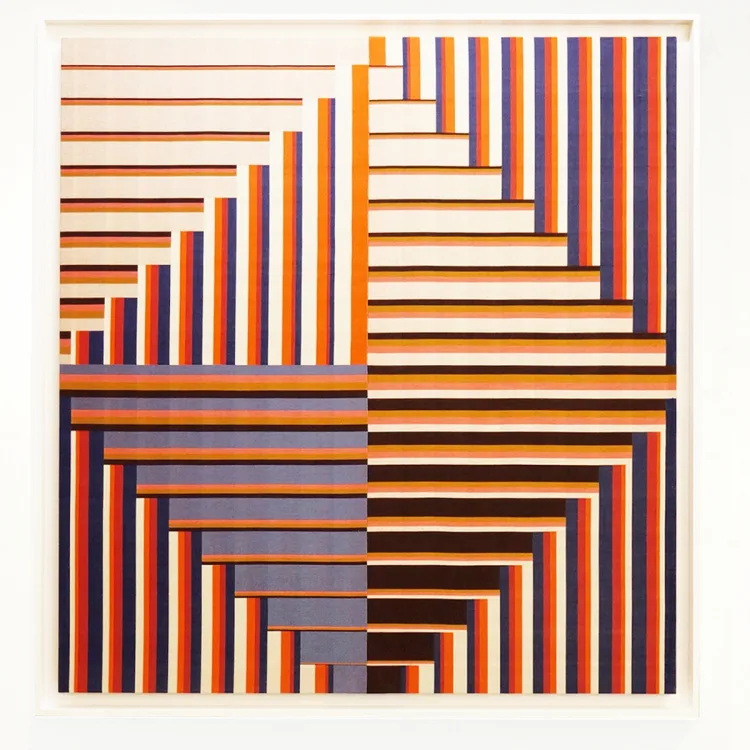 Abstract artwork featuring geometric patterns of colorful horizontal and vertical stripes in orange, blue, and purple tones.