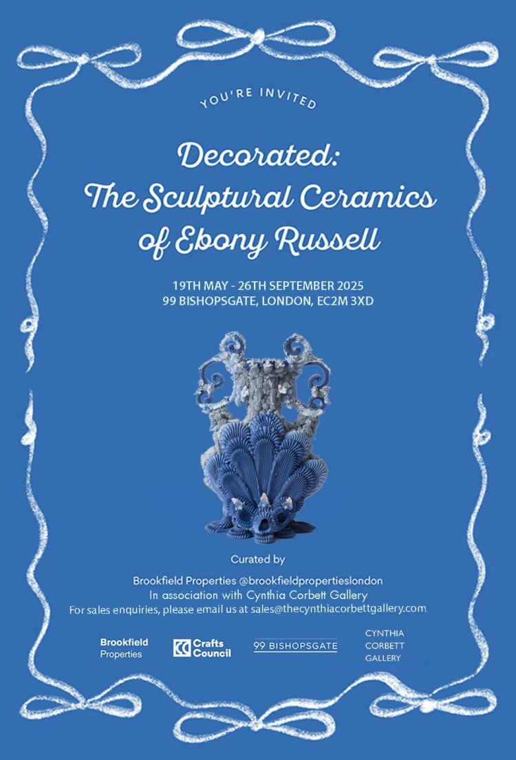 Invitation graphic for "Decorated: The Sculptural Ceramics of Ebony Russell" exhibition, featuring ornate ceramic design details.