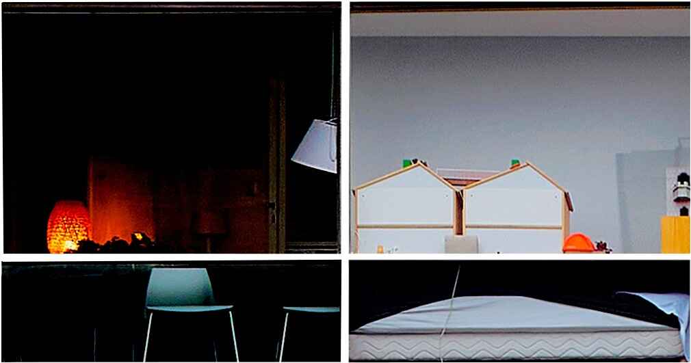 A collage of four images: a lit lamp and toy houses above, and a mattress and empty chairs below, showcasing a cozy, unoccupied space.