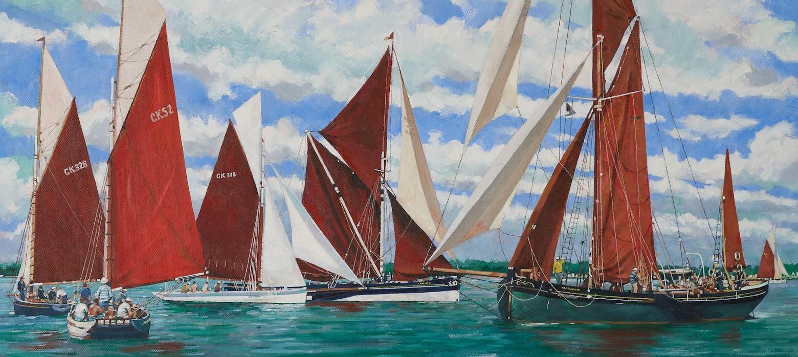 A painting depicting colorful sailboats gliding across calm waters under a clear blue sky.