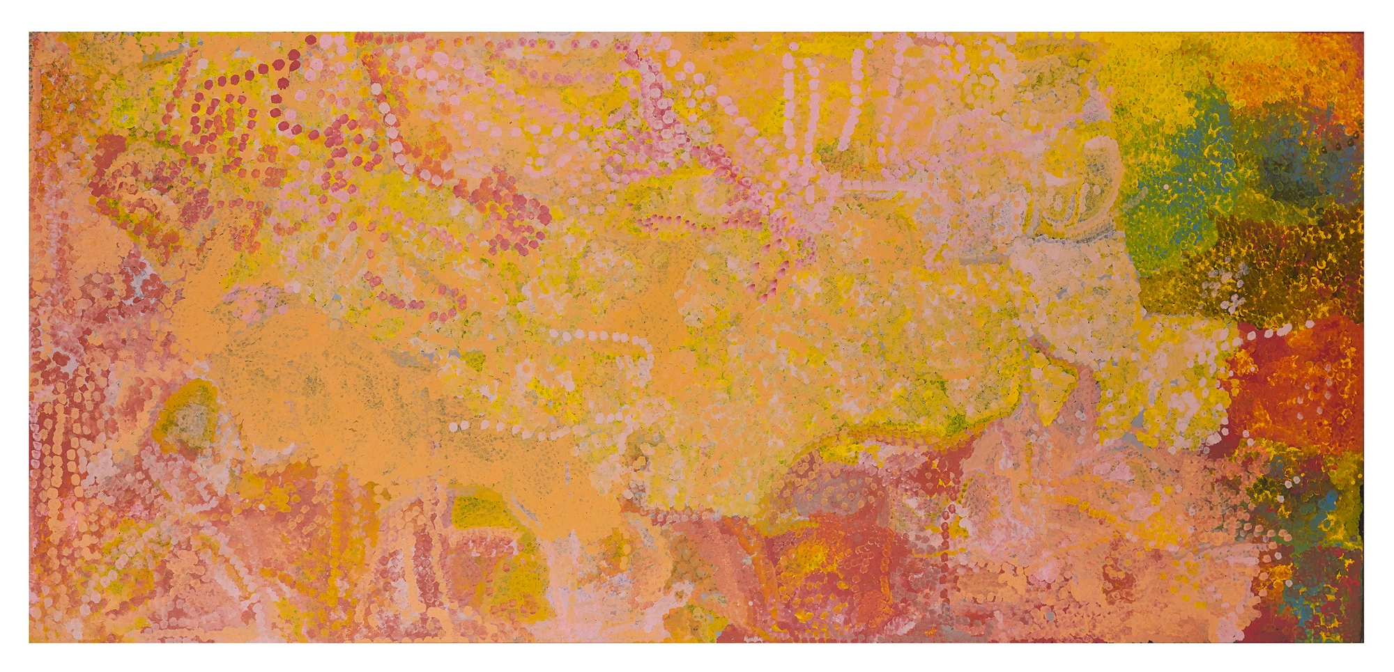 An abstract artwork featuring a vibrant blend of yellow, orange, pink, and green hues, with textured dot patterns and organic shapes.