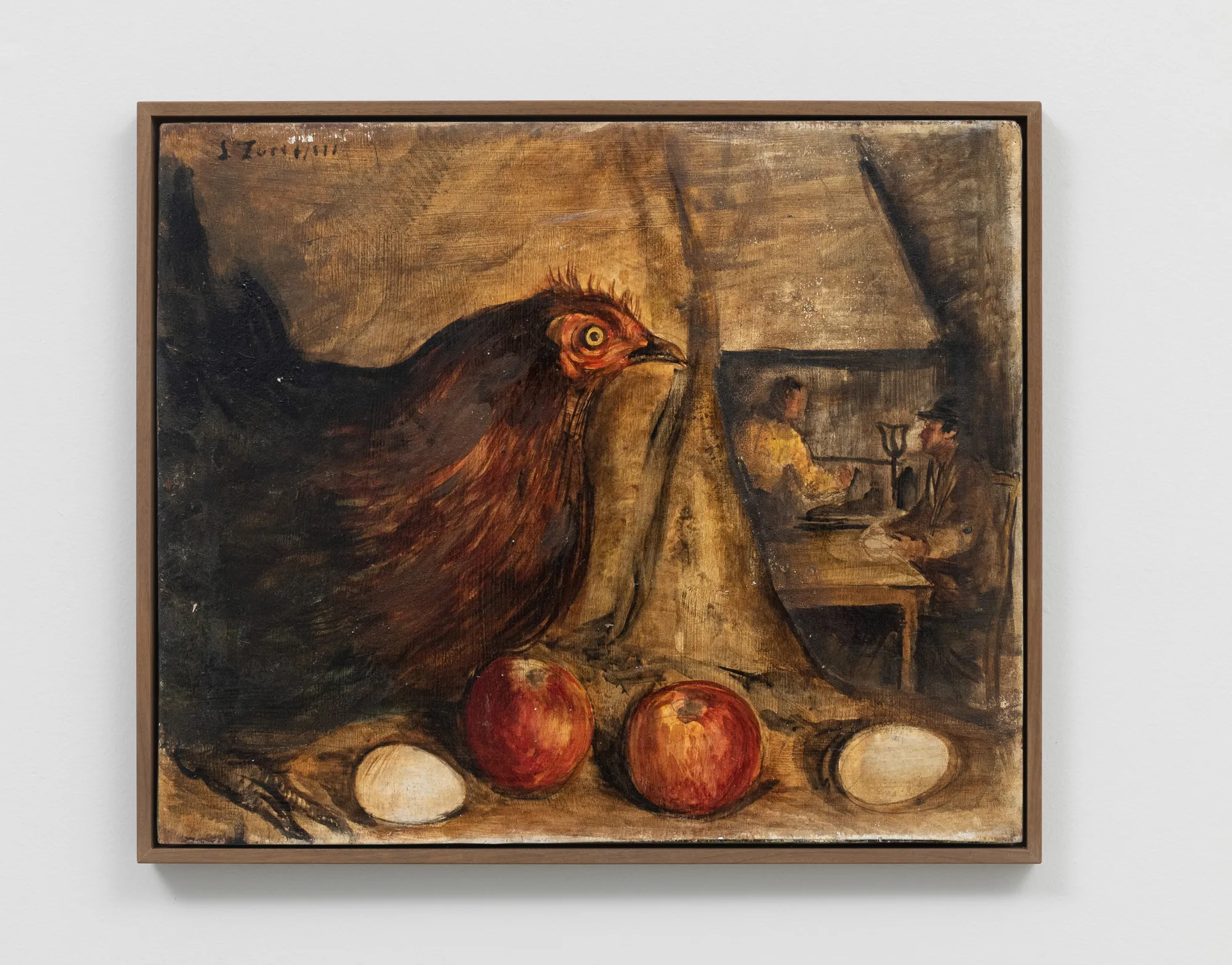 A large brown hen stands near two red apples and an egg, set against a textured background with subtle tones of brown.