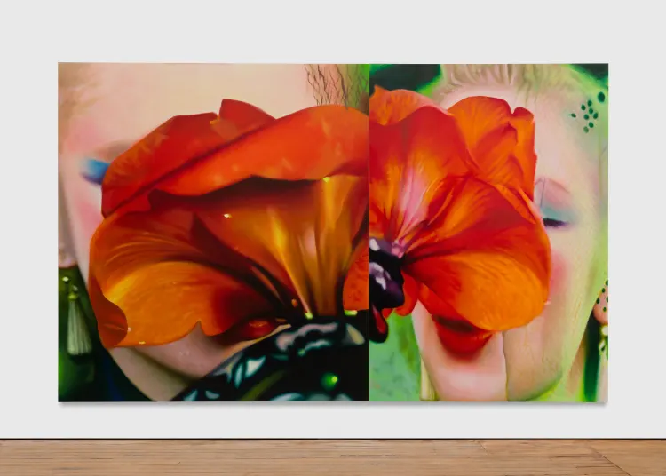 A vibrant artwork featuring two faces partially obscured by large, bold orange flowers, with bright colors and striking contrasts.