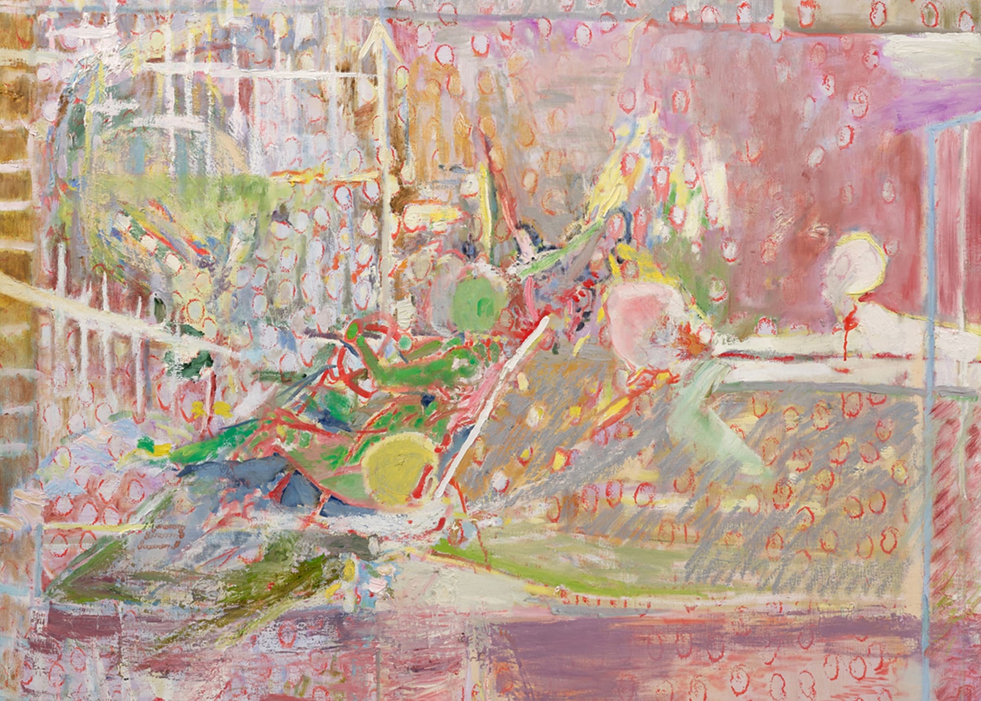 An abstract painting featuring vibrant colors and chaotic shapes, evoking a sense of movement and complexity.