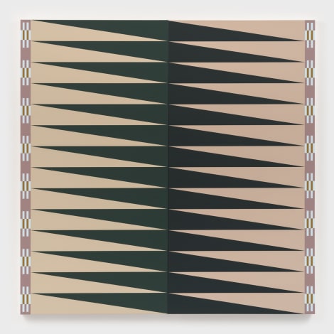 An abstract design featuring diagonal shapes in dark green and beige, bordered by a patterned edge with geometric elements.