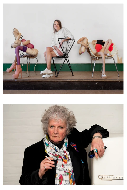 A creative display featuring three unique figures, each styled with playful and vibrant outfits, sitting on various chairs against a plain background.