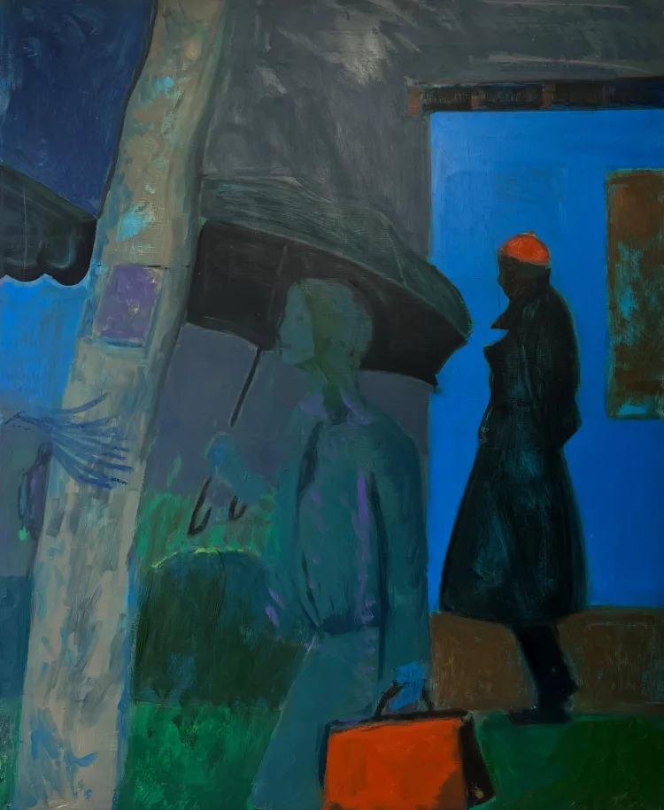 Two figures with umbrellas stand under a muted, colorful backdrop, conveying a sense of urban mystery and solitude.