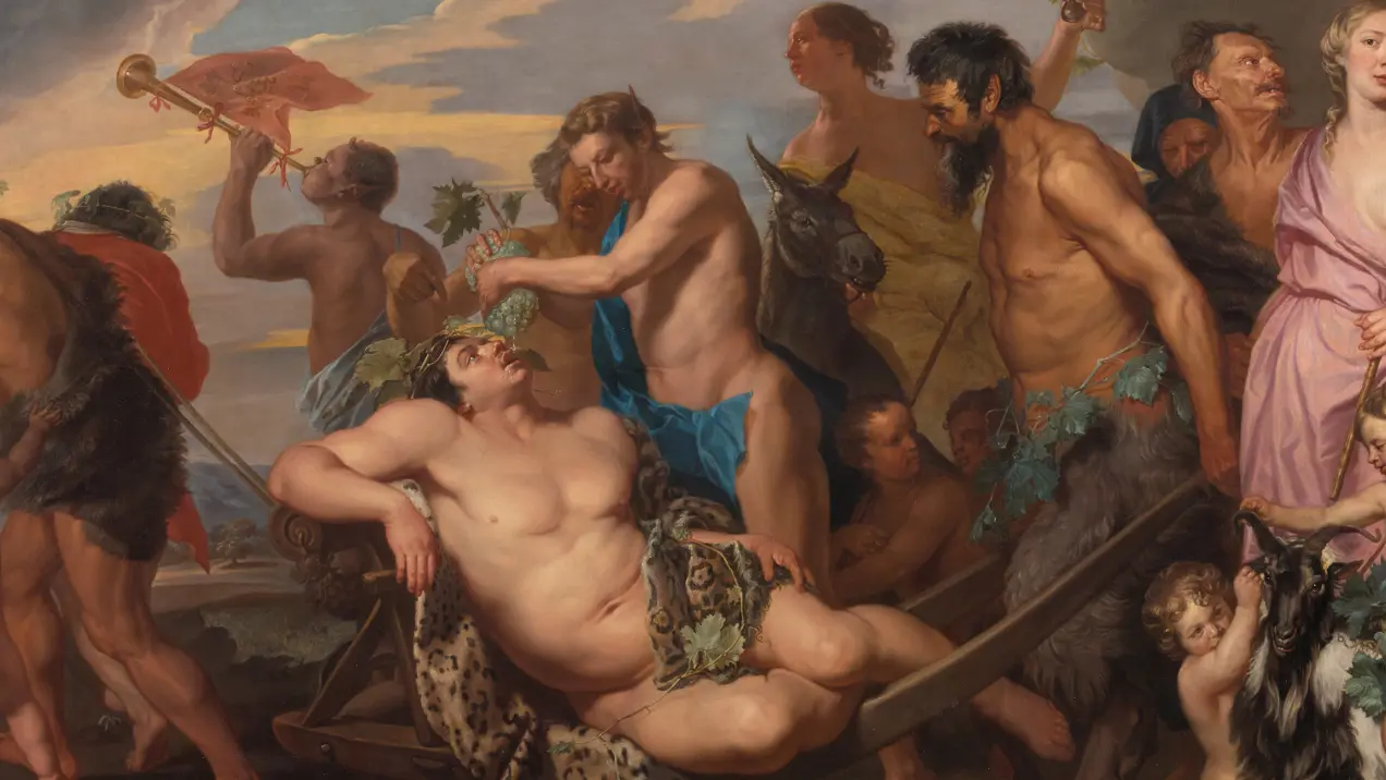 A group of mythological figures gather around a reclining figure, adorned with leaves and showcasing a vibrant, festive atmosphere.