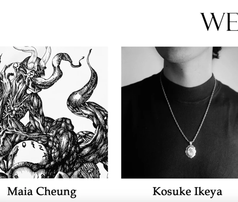 A surreal black-and-white artwork by Maia Cheung alongside a portrait of Kosuke Ikeya wearing a pendant necklace.