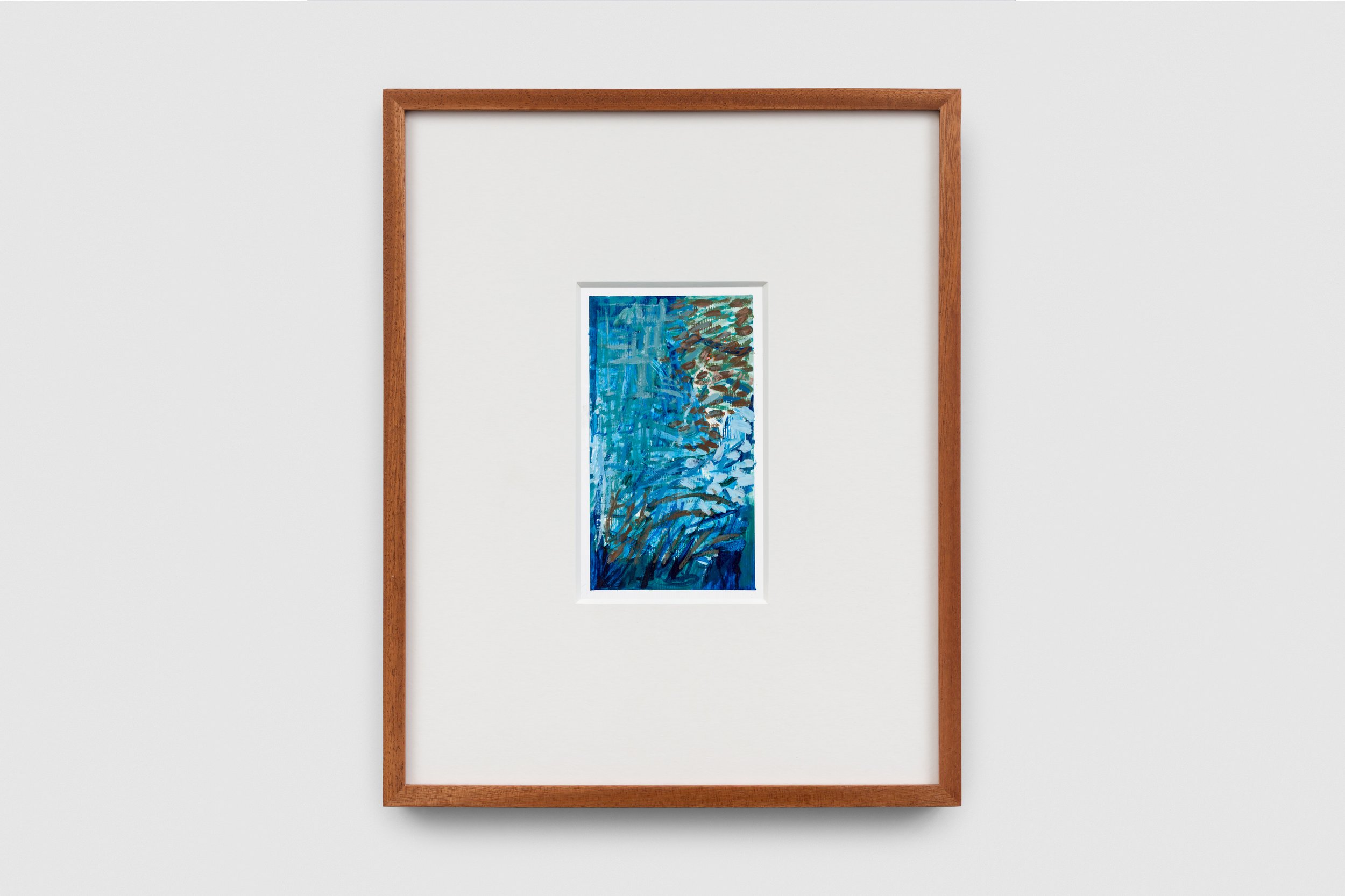Abstract artwork in shades of blue and green, framed in a simple wooden frame, showcasing expressive brushstrokes and dynamic textures.