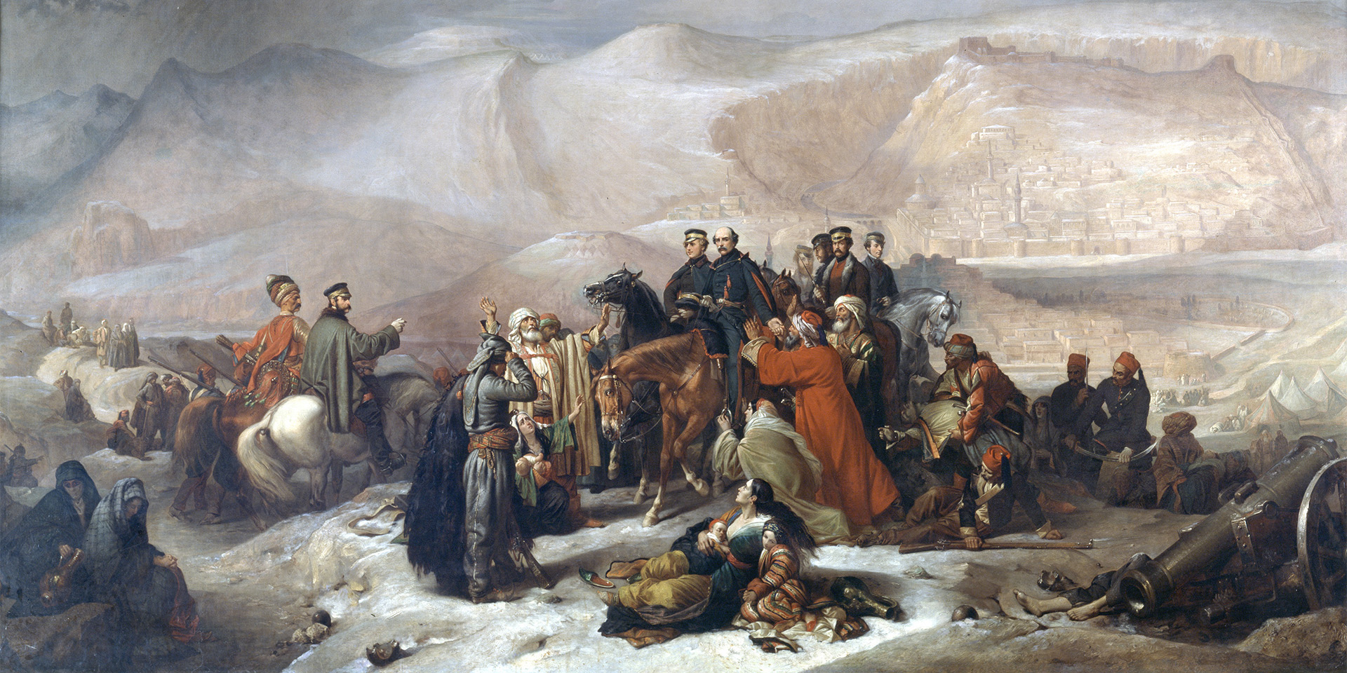 A dramatic historical scene with soldiers on horseback and people in traditional attire, set against a mountainous backdrop.